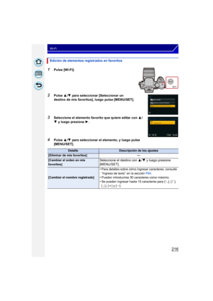 Page 216216
Wi-Fi
1Pulse [Wi-Fi].
2Pulse 3/4  para seleccionar [Seleccionar un 
destino de mis favoritos], luego pulse [MENU/SET].
3Seleccione el elemento favorito que quiere editar con  3/
4  y luego presione  1.
4Pulse  3/4  para seleccionar el elemento, y luego pulse 
[MENU/SET].
Edición de elementos registrados en favoritos
DetalleDescripción de los ajustes
[Eliminar de mis favoritos]
—
[Cambiar el orden en mis 
favoritos]Seleccione el destino con 3/4  y luego presione 
[MENU/SET].
[Cambiar el nombre...
