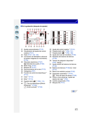 Page 271271
Otro
∫En la grabación (después de ajustar)
31 Ajustes personalizados (P115)
32 Visualización del ajuste del control  creativo  (P101)
33 Flash  (P127, 128,  129)
34 Conversión de teleobjetivo adicional 
(al grabar imágenes en movimiento) 
(P119)
35 Obturador electrónico  (P167)
:Velocidad de cuadro  (P185)
36 Modo imag. (P183)
37 Bloqueo AF (P151)
38 Reconocimiento de la cara  (P172)
39 Histograma  (P57)
40 Función de control de desenfoque
¢ 3 
(P112)
41 Color
¢ 3 (P114)
42 Brillo¢ 3 (P113)
43...