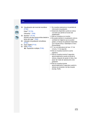 Page 272272
Otro
58 Visualización del nivel del micrófono (P190)
Edad
¢8 (P176)
Ubicación¢7  (P46)
59 Nombre¢8  (P176)
Número de días transcurridos desde la 
fecha del viaje
¢7  (P46)
60 Indicador de grabación simultánea  (P183)
61 Zoom digital  (P119)
62 HDR  (P164)
: Exposición múltiple (P165) ¢
1 Se visualiza solamente en la pantalla de 
información de grabación.
¢ 2 Solamente disponible cuando se coloca 
una lente que admite la función del 
estabilizador.
¢ 3 Sólo se visualiza en el monitor.
¢ 4 Se puede...