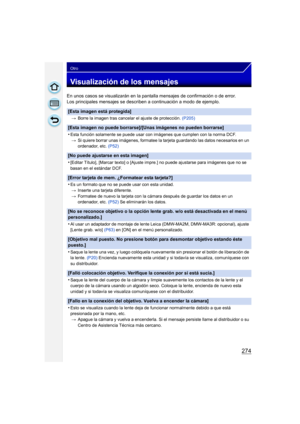 Page 274274
Otro
Visualización de los mensajes
En unos casos se visualizarán en la pantalla mensajes de confirmación o de error.
Los principales mensajes se describen a continuación a modo de ejemplo.
[Esta imagen está protegida]
>Borre la imagen tras cancelar el ajuste de protección.  (P205)
[Esta imagen no puede borrarse]/[Unas imágenes no pueden borrarse]
•
Esta función solamente se puede usar con imágenes que cumplen con la norma DCF.
> Si quiere borrar unas imágenes, formatee la tarjeta guardando las datos...