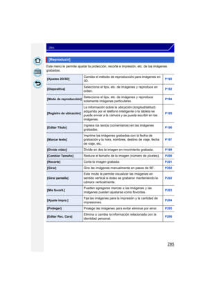 Page 285285
Otro
Este menú le permite ajustar la protección, recorte e impresión, etc. de las imágenes 
grabadas.
[Reproducir]
[Ajustes 2D/3D]Cambia el método de reproducción para imágenes en 
3D.P192
[Diapositiva]Selecciona el tipo, etc. de imágenes y reproduce en 
orden.P192
[Modo de reproducción]Selecciona el tipo, etc. de imágenes y reproduce 
solamente imágenes particulares.P194
[Registro de ubicación]
La información sobre la ubicación (longitud/latitud) 
adquirida por el teléfono inteligente o la tableta...