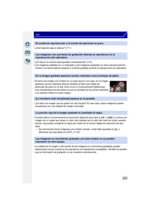 Page 293293
Otro
•¿Está tapando algo el altavoz? (P11)
•¿El reloj en la cámara está ajustado correctamente?  (P35)
•Las imágenes editadas en un ordenador o las imágenes grabadas en otras cámaras podrían 
mostrar una fecha distinta respecto a la fecha grabada durante la reproducción de calendario.
•¿Es ésta una imagen que se grabó con otro equipo? En ese caso, estas imágenes pueden 
visualizarse con una calidad de imagen mermada.
•Cuando está en funcionamiento la corrección digital de ojos rojos ([ ], [ ]), si...