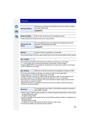 Page 5151
Preparación
•Puede seleccionar el color de fondo entre cuatro colores.
•Si por descuido ajusta a otro idioma, seleccione [~] entre los iconos del menú para ajustar el idioma deseado.
•Esto habilita las versiones de firmware de la cámara y la lente que se van revisar.•[–. –] se visualiza como el firmware del objetivo cuando éste no está montado.•Presione [MENU/SET] en la pantalla de visualización de versión para mostrar la información 
sobre el software en la unidad.
•El número de la carpeta se...