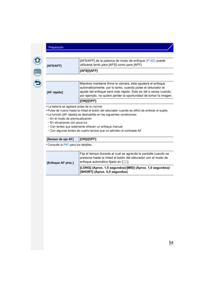 Page 5454
Preparación
•La batería se agotará antes de lo normal.•Pulse de nuevo hasta la mitad el botón del obturador cuando es difícil de enfocar el sujeto.•La función [AF rápido] se deshabilita en las siguientes condiciones:
–En el modo de previsualización–En situaciones con poca luz–Con lentes que solamente ofrecen un enfoque manual
–Con algunas lentes de cuatro tercios que no admiten el contraste AF
•Consulte la P67 para los detalles.
[AFS/AFF]
[AFS/AFF] de la palanca de modo de enfoque  (P142) puede...