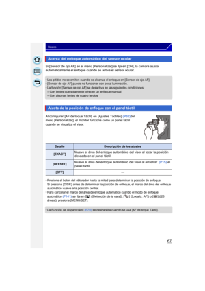 Page 6767
Básico
Si [Sensor de ojo AF] en el menú [Personalizar] se fija en [ON], la cámara ajusta 
automáticamente el enfoque cuando se activa el sensor ocular.
•
Los pitidos no se emiten cuando se alcanza el enfoque en [Sensor de ojo AF].•[Sensor de ojo AF] puede no funcionar con poca iluminación.•La función [Sensor de ojo AF] se desactiva en las siguientes condiciones:
–Con lentes que solamente ofrecen un enfoque manual–Con algunas lentes de cuatro tercios
Al configurar  [AF de toque Táctil] en [Ajustes...