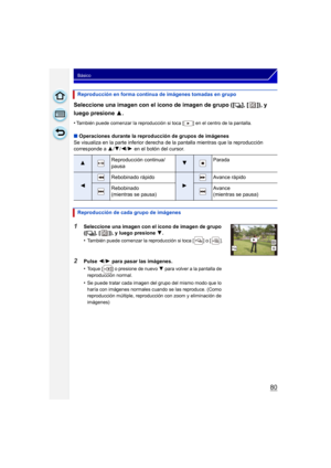 Page 8080
Básico
Seleccione una imagen con el icono de imagen de grupo ([˜], [ ]), y 
luego presione  3.
•También puede comenzar la reproducción si toca [ ] en el centro de la pantalla.
∫Operaciones durante la reproducción de grupos de imágenes
Se visualiza en la parte inferior derecha  de la pantalla mientras que la reproducción 
corresponde a  3/4/ 2/1 en el botón del cursor.
Reproducción en forma continua de imágenes tomadas en grupo
3Reproducción continua/
pausa4Parada
2
Rebobinado rápido
1
Avance rápido...