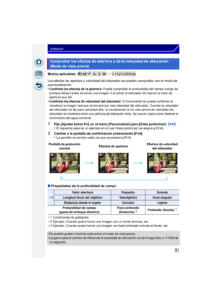 Page 9191
Grabación
Modos aplicables: 
Los efectos de apertura y velocidad del obturador se pueden comprobar con el modo de 
previsualización.
•
Confirme los efectos de la apertura:  Puede comprobar la profundidad del campo (rango de 
enfoque eficaz) antes de tomar una imagen o al cerrar el obturador de hoja en el valor de 
apertura que fijó.
•Confirme los efectos de velocidad del obturador:  El movimiento se puede confirmar al 
visualizar la imagen real que se tomará con esa velocidad del obturador. Cuando la...