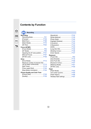 Page 1313
Contents by Function
RecordingRecording Mode............................. P41
[Preview] ...................................... P155
[Multi Exp.] ................................... P168
[Silent Mode] ................................ P170
[3D Rec] ....................................... P343
Focus (AF/MF) [Focus Mode] ................................. P93
[AF Mode] ...................................... P94
Adjusting the AF area position ..... P101
[Manual Focus] ............................ P107...