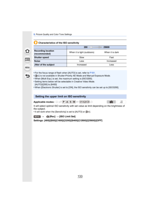 Page 133133
5. Picture Quality and Color Tone Settings
Characteristics of the ISO sensitivity
•
For the focus range of flash when [AUTO] is set, refer to  P181.•[ ] is not available in Shutter-Priority AE Mode and Manual Exposure Mode.•When [Multi Exp.] is set, the maximum setting is [ISO3200].
•Setting items below will be selectable in Creative Video Mode.
[AUTO]/[200] to [6400]
•When [Electronic Shutter] is set to [ON], the lSO sensitivity can be set up to [ISO3200].
It will select optimal ISO sensitivity with...