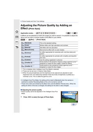 Page 1405. Picture Quality and Color Tone Settings
140
Adjusting the Picture Quality by Adding an 
Effect 
([Photo Style])
6 effects can be selected to match the image you wish to record. It is possible to adjust the 
items such as color or picture quality of the effect to your desire.
¢1 This is disabled when Intelligen t Auto Plus Mode is selected.
¢ 2 These can be set only in Creative Video Mode.
¢ 3 When the actual brightness and the brightness to be captured are adjusted at each 
brightness level, the...
