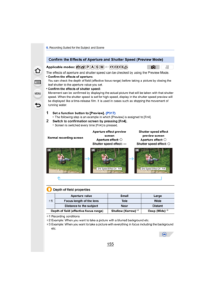 Page 155155
6. Recording Suited for the Subject and Scene
The effects of aperture and shutter speed c an be checked by using the Preview Mode.
•Confirm the effects of aperture:
You can check the depth of field (effective focus range) before taking a picture by closing the 
leaf shutter to the aperture value you set.
•Confirm the effects of shutter speed:
Movement can be confirmed by displaying the actual picture that will be taken with that shutter 
speed. When the shutter speed is set for high speed, display in...