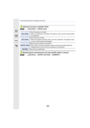 Page 1606. Recording Suited for the Subject and Scene
160
Setting the functions of [AF/AE LOCK]
Maintaining/not maintaining the lock when [AF/AE LOCK]  is released >
[Custom]  > [AF/AE Lock]
[AE LOCK] Only the exposure is locked.•When the exposure is set, [AEL], the aperture value, and the shutter speed 
are displayed.
[AF LOCK]Only the focus is locked.•When the subject is focused, [AFL], the focus indication, the aperture value, 
and the shutter speed are displayed.
[AF/AE LOCK] Both focus and exposure are...