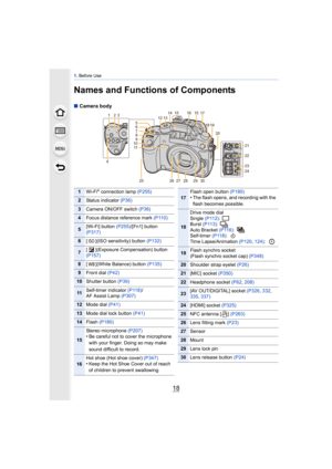 Page 181. Before Use
18
Names and Functions of Components
∫ Camera body
5
1
4 29 30
26
25 2827
15 16 15
14
12 17
18 19 20
6
7
8
9
10 11 21
22
23
242313
1Wi-Fi® connection lamp 
(P255)
2Status indicator (P36)
3Camera ON/OFF switch  (P36)
4Focus distance reference mark (P110)
5[Wi-Fi] button (P255)/[Fn1] button 
(P317)
6[ ](ISO sensitivity) button (P132)
7[ ](Exposure Compensation) button 
(P157)
8[ ](White Balance) button  (P135)
9Front dial (P42)
10Shutter button (P39)
11Self-timer indicator  (P118)/
AF Assist...