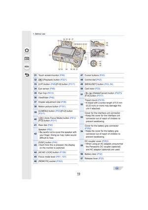 Page 1919
1. Before Use
31
5046
47
48
49
51
33
34 35 37
38 40
4243
39 41
36
32
53 55 56 57 5445 44
52
31Touch screen/monitor  (P49)
32[( ] (Playback) button  (P221)
33[LVF] button (P48)/[Fn5] button (P317)
34Eye sensor  (P48)
35Eye Cup (P412)
36Viewfinder  (P48)
37Diopter adjustment dial  (P38)
38Motion picture button (P191)
39[Q.MENU] button (P53)/[Fn2] button 
(P317)
40[ ] (Auto Focus Mode) button  (P91)/
[Fn3] button  (P317)
41Rear dial (P42)
42
Speaker (P62)•Be careful not to cover the speaker with 
your...