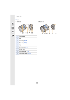 Page 201. Before Use
20
∫ Lens
H-HS12035 H-FS14140
1Lens surface
2Te l e
3Focus ring (P107)
4Zoom ring (P162)
5Wide
6[O.I.S.] switch (P51)
7Contact point
8Lens fitting mark (P23)
9Lens mount rubber  (P413)
3
24
16 5789413
26578 