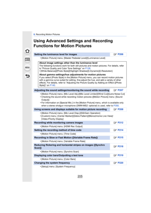 Page 205205
8. Recording Motion Pictures
Using Advanced Settings and Recording 
Functions for Motion Pictures
Setting the luminance level for images ≠
P206
•
[Motion Picture] menu: [Master Pedestal Level]/[Luminance Level]
About image settings other than the luminance levelThe following functions work for both still pict ures and motion pictures. For details, refer 
to “Picture Quality and Color Tone Settings” on  P128.•[White Balance]/[Photo Style]/[Highlight Shadow]/[i.Dynamic]/[i.Resolution]
About gamma...