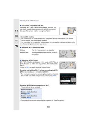 Page 255255
10. Using the Wi-Fi/NFC Function
∫This unit is compatible with NFC
Using the NFC “ Near Field Communication ” function, you 
can easily transfer data necessary for a Wi-Fi connection 
between this camera and the smartphone/tablet.
∫ About the Wi-Fi connection lamp
∫ About the [Wi-Fi] button
[Wi-Fi]/[Fn1] button can be used in  two ways, as [Wi-Fi] or as 
[Fn1] (function 1). At the time of purchase, it is initially set to 
[Wi-Fi].
•
Refer to  P317 for details about the function button.
Pressing and...