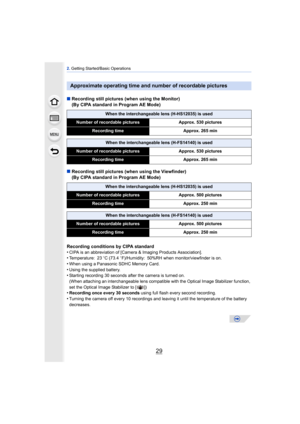 Page 2929
2. Getting Started/Basic Operations
∫ Recording still pictures (when using the Monitor) 
(By CIPA standard in Program AE Mode)
∫ Recording still pictures (when using the Viewfinder) 
(By CIPA standard in Program AE Mode)
Recording conditions by CIPA standard
•
CIPA is an abbreviation of [Camera & Imaging Products Association].•Temperature: 23 oC (73.4  oF)/Humidity: 50%RH when monitor/viewfinder is on.
•When using a Panasonic SDHC Memory Card.•Using the supplied battery.•Starting recording 30 seconds...
