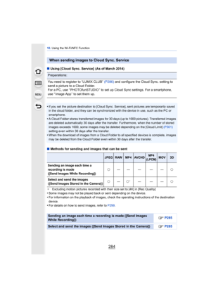 Page 28410. Using the Wi-Fi/NFC Function
284
∫Using [Cloud Sync. Service]  (As of March 2014)
•
If you set the picture destination to [Cloud Sync. Service], sent pictures are temporarily saved 
in the cloud folder, and they can be synchronized with the device in use, such as the PC or 
smartphone.
•A Cloud Folder stores transferred images for 30 days (up to 1000 pictures). Transferred images 
are deleted automatically 30 days after the transfer. Furthermore, when the number of stored 
images exceeds 1000, some...