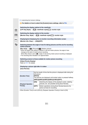 Page 311311
11 . Customizing the Camera’s Settings
For details on how to select the [Custom] menu settings, refer to  P54.
•
When [Duration Time] is set to [HOLD], [Playback Operation Priority] is fixed to [ON].
Switching the display method of the viewfinder
[LVF Disp.Style] >  [ ]: viewfinder style/[ ]: monitor style
Switching the display method of the monitor
[Monitor Disp. Style]  > [ ]: viewfinder style/[ ]: monitor style
Displaying/not displaying the on-monitor recording information screen
[Monitor Info....