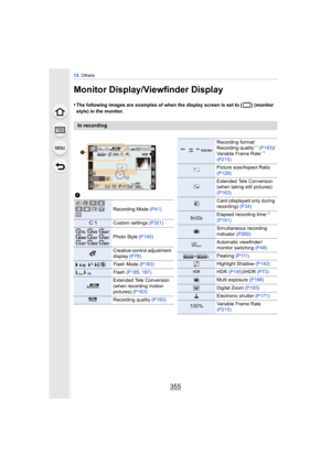 Page 355355
13. Others
Monitor Display/Viewfinder Display
•The following images are examples of when the display screen is set to [ ] (monitor 
style) in the monitor.
In recording
1
Recording Mode  (P41)
Custom settings (P321)
Photo Style (P140)
Creative control adjustment 
display (P78)
‰ŒFlash Mode  (P183)
Flash (P185, 187)
Extended Tele Conversion 
(when recording motion 
pictures)  (P163)
Recording quality  (P193)
98989820000200200606060
3.53.53.5
AFSAFSAFSL4:3
00AELAELAELLMT...