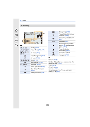 Page 35613. Others
356
In recording
2
A›Quality  (P130)
Focus Mode (P93 , 107)
š
ØAF Mode  (P91)
Face Recognition  (P173)
AF Lock (P159)
Burst (P113)
Auto Bracket (P116)
Self-timer  (P118)
Time Lapse Shot  (P120)
Stop Motion Animation 
(P124)
Battery indication  (P28)
98
98
98200
0020020060
60
60
3.5
3.5
3.5
AFS
AFS
AFSL4:3
0
0AEL
AEL
AELLMT
OFF
LMT
OFF
LMT
OFFBKT
BKT
BKTAWB
AWB
AWB
FHD MOV
24p0é0å0ó
0é0å0ó

AFSAFFAFCMF
AFL
Battery Grip  (P352)
Picture Mode (Still picture 
priorities) (P200)
Optical Image...