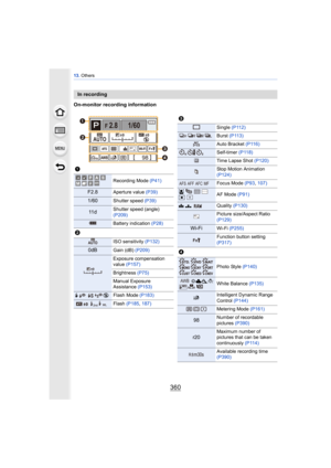 Page 36013. Others
360
On-monitor recording information
In recording
1
Recording Mode  (P41)
F2.8Aperture value (P39)
1/60Shutter speed (P39)
11 dShutter speed (angle) 
(P209)
Battery indication  (P28)
2
ISO sensitivity (P132)
0dBGain (dB) (P209)
Exposure compensation 
value (P157)
Brightness  (P75)
Manual Exposure 
Assistance  (P153)
‰ŒFlash Mode  (P183)
Flash (P185, 187)
F 2.8
98AW B
1/60
000
Fn
ISOAUTO
Wi-FiL4:3AFS
AFS




C1EXPS
EXPS
ISOAUTO
00
WL
3
Single 
(P112)
Burst (P113)
Auto Bracket  (P116)...