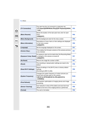 Page 38213. Others
382
[TV Connection] This sets how the unit connects to a television etc.•[TV Aspect]/[HDMI Mode (Play)]/[3D Playback]/[VIERA 
Link]
P65
[Menu Resume]Stores the location of the last-used menu item for each 
menu.
•[ON]/[OFF] P66
[Menu Background]
Set the background color for the menu screen. P66
[Menu Information]Descriptions of menu items or their settings are displayed 
on the menu screen.•[ON]/[OFF]
P66
[Language]
Set the language displayed on the screen. P67
[Version Disp.]This enables the...