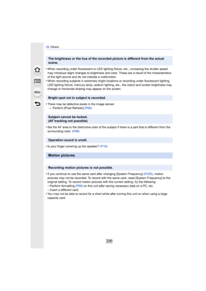 Page 39613. Others
396
•When recording under fluorescent or LED lighting fixture, etc., increasing the shutter speed 
may introduce slight changes to brightness and color. These are a result of the characteristics 
of the light source and do not indicate a malfunction.
•When recording subjects in extremely bright lo cations or recording under fluorescent lighting, 
LED lighting fixture, mercury lamp, sodium lighting, etc., the colors and screen brightness may 
change or horizontal striping may appear on the...