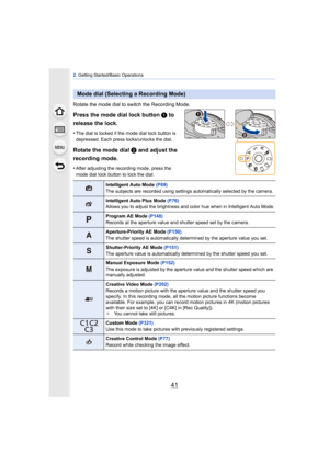 Page 4141
2. Getting Started/Basic Operations
Rotate the mode dial to switch the Recording Mode.
Press the mode dial lock button  1 to 
release the lock.
•The dial is locked if the mode dial lock button is 
depressed. Each press locks/unlocks the dial.
Rotate the mode dial 2 and adjust the 
recording mode.
•After adjusting the recording mode, press the 
mode dial lock button to lock the dial.
Mode dial (Selecting a Recording Mode)
Intelligent Auto Mode  (P69)
The subjects are recorded using settings...