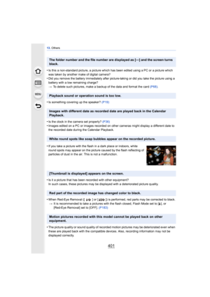 Page 401401
13. Others
•Is this a non-standard picture, a picture which  has been edited using a PC or a picture which 
was taken by another make of digital camera?
•Did you remove the battery immediately after picture-taking or did you take the picture using a 
battery with a low remaining charge?
> To delete such pictures, make a backup of the data and format the card  (P68).
•Is something covering up the speaker?  (P19)
•Is the clock in the camera set properly?  (P36)•Images edited on a PC or images recorded...
