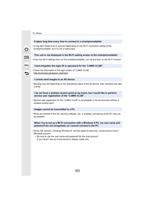 Page 403403
13. Others
•It may take longer time to connect depending on the Wi-Fi connection setting of the 
smartphone/tablet, but it is not a malfunction.
•From the Wi-Fi setting menu on the smartphone/t ablet, turn off and then on the Wi-Fi function.
•Check the information in the login screen of “LUMIX CLUB”.
http://lumixclub.panasonic.net/eng/c/
•Sending may fail depending on the operational status of the AV device. Also, sending may take 
a while.
•Service user registration for the “LUMIX CLUB” is not...