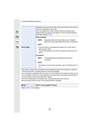 Page 6161
2. Getting Started/Basic Operations
•The number of days that have passed since the departure date can be printed out using the 
“ PHOTOfunSTUDIO ” bundled software on the DVD (supplied).
•The travel date is calculated using the date in the clock setting and the departure date you set. 
If you set [World Time] to the travel destination, the travel date is calculated using the date in 
the clock setting and the travel destination setting.
•The [Travel Date] feature is disabled  when recording [AVCHD]...