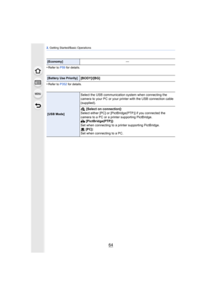 Page 642. Getting Started/Basic Operations
64
•Refer to  P59 for details.
•Refer to P352 for details.
[Economy]—
[Battery Use Priority][BODY]/[BG]
[USB Mode]
Select the USB communication system when connecting the 
camera to your PC or your printer with the USB connection cable 
(supplied).
y [Select on connection]:
Select either [PC] or [PictBridge(PTP)] if you connected the 
camera to a PC or a printer supporting PictBridge.
{  [PictBridge(PTP)]:
Set when connecting to a printer supporting PictBridge.
z...