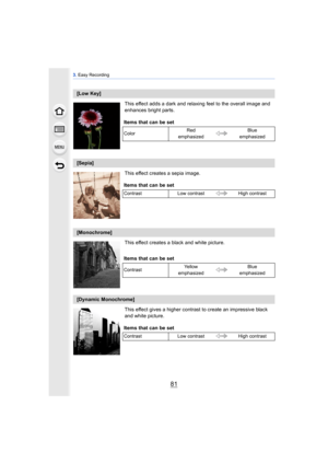Page 8181
3. Easy Recording
This effect adds a dark and relaxing feel to the overall image and 
enhances bright parts.
This effect creates a sepia image.
This effect creates a black and white picture.
This effect gives a higher contrast to create an impressive black 
and white picture.
[Low Key]
Items that can be set
Color Red 
emphasized Blue 
emphasized
[Sepia]
Items that can be set
Contrast Low contrast High contrast
[Monochrome]
Items that can be set
Contrast Ye l l o w  
emphasized Blue 
emphasized...