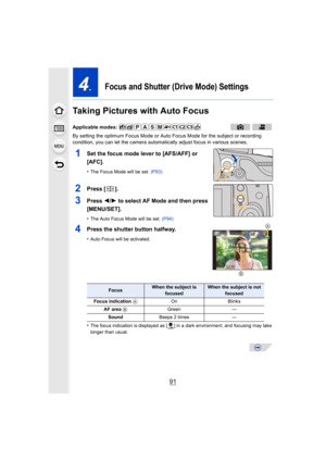 Page 9191
4.Focus and Shutter (Drive Mode) Settings
Taking Pictures with Auto Focus
By setting the optimum Focus Mode or Auto Focus Mode for the subject or recording 
condition, you can let the camera automatically adjust focus in various scenes.
1Set the focus mode lever to [AFS/AFF] or 
[AFC].
•The Focus Mode will be set. (P93)
2Press [].
3Press  2/1 to select AF Mode and then press 
[MENU/SET].
•The Auto Focus Mode will be set.  (P94)
4Press the shutter button halfway.
•Auto Focus will be activated.
•The...