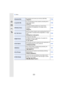 Page 373373
13. Others
[Extended ISO] ISO sensitivity can be set up to minimum [ISO100].•[ON]/[OFF] P134
[Long Shtr NR]You can eliminate the noise caused by recording with a 
slower shutter speed.•[ON]/[OFF] P146
[Shading Comp.]If the screen periphery darkens as a result of lens 
characteristics, the brightness in this region will be 
corrected.
•[ON]/[OFF] P146
[Ex. Tele Conv.]When the number of pixels is set to anything other than [L], 
the Tele effect is increased without degradation in image 
quality....