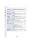 Page 38213. Others
382
[TV Connection] This sets how the unit connects to a television etc.•[TV Aspect]/[HDMI Mode (Play)]/[3D Playback]/[VIERA 
Link]
P65
[Menu Resume]Stores the location of the last-used menu item for each 
menu.
•[ON]/[OFF] P66
[Menu Background]
Set the background color for the menu screen. P66
[Menu Information]Descriptions of menu items or their settings are displayed 
on the menu screen.•[ON]/[OFF]
P66
[Language]
Set the language displayed on the screen. P67
[Version Disp.]This enables the...