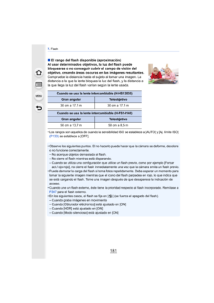 Page 181181
7. Flash
∫ El rango del flash disponible (aproximación)
Al usar determinados objetivos, la luz del flash puede 
bloquearse o no conseguir cubrir el campo de visión del 
objetivo, creando áreas oscuras en las imágenes resultantes.
Compruebe la distancia hasta el sujeto al tomar una imagen. La 
distancia a la que la lente bloquea la luz del flash, y la distancia a 
la que llega la luz del flash varían según la lente usada.
•
Los rangos son aquellos de cuando la sensibilidad ISO se establece a [AUTO] y...