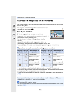 Page 2229. Reproducción y edición de imágenes
222
Reproducir imágenes en movimiento
Esta unidad se diseñó para reproducir la s imágenes en movimiento usando los formatos 
AVCHD, MP4 y MOV.
•
Las imágenes en movimiento pueden visualizarse con el icono 
de imagen en movimiento ([ ]).
Pulse  3 para reproducir.
ATiempo de grabación de la imagen en movimiento
•Después de iniciar la reproducción, se visualiza en la pantalla el 
tiempo transcurrido de la reproducción.
Por ejemplo, para 8 minutos y 30 segundos se...