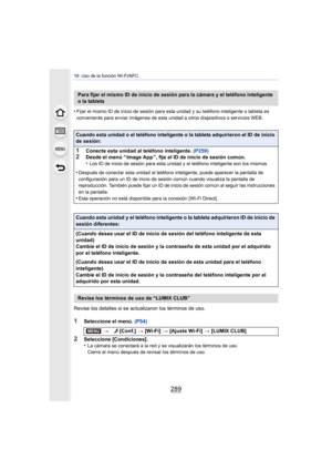 Page 289289
10. Uso de la función Wi-Fi/NFC
•Fijar el mismo ID de inicio de sesión para esta unidad y su teléfono inteligente o tableta es 
conveniente para enviar imágenes de esta unidad a otros dispositivos o servicios WEB.
Revise los detalles si se actualizaron los términos de uso.
1Seleccione el menú.  (P54)
2Seleccione [Condiciones].
•La cámara se conectará a la red y se visualizarán los términos de uso.
Cierre el menú después de revisar los términos de uso.
Para fijar el mismo ID de inicio de sesión para...