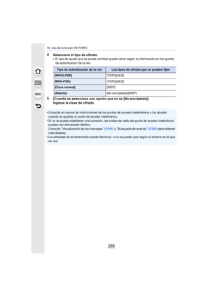 Page 295295
10. Uso de la función Wi-Fi/NFC
4Seleccione el tipo de cifrado.
•El tipo de ajuste que se puede cambiar puede variar según la información en los ajustes 
de autenticación de la red.
5(Cuando se selecciona una opción que no es [No encriptado])
Ingrese la clave de cifrado.
•
Consulte el manual de instrucciones de los puntos de acceso inalámbricos y los ajustes 
cuando se guarda un punto de acceso inalámbrico.
•Si no se puede establecer una conexión, las o ndas de radio del punto de acceso inalámbrico...
