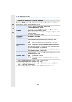 Page 301301
10. Uso de la función Wi-Fi/NFC
Si presiona [DISP.] después de finalizar una conexión, puede cambiar los ajustes de 
envío, como el tamaño de la imagen para enviar.
¢1 Solamente disponible cuando el destino se fija en [Servicio WEB].
¢ 2 Solamente disponible cuando el destino se fija en [PC].
¢ 3 Solamente disponible cuando el destino se fija en [Servicio sincron. de nube], [Servicio 
WEB] o [Externo] en [Dispositivo AV].
¢ 4 Solamente disponible cuando el destino se fija en [Servicio sincron. de...