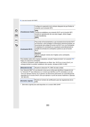 Page 303303
10. Uso de la función Wi-Fi/NFC
•Para detalles sobre cómo ingresar caracteres, consulte “Ingreso de texto” en la sección  P57.•Haga una copia de la contraseña.
Si olvida la contraseña, puede restablecerla co n [Rest. Ajus. Wi-Fi] en el menú [Conf.], sin 
embargo también se pueden restablecer otros ajustes. (excepto [LUMIX CLUB] )
•Una “dirección MAC” es una dirección única que  se utiliza para identificar el equipo de red.•La “dirección IP” hace referencia a un número que identifica una PC conectada...