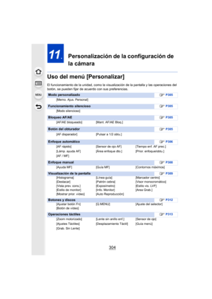 Page 304304
11.Personalización de la configuración de 
la cámara
Uso del menú [Personalizar]
El funcionamiento de la unidad, como la visualización de la pantalla y las operaciones del 
botón, se pueden fijar de acuer do con sus preferencias. 
Modo personalizado ≠P305
[Memo. Ajus. Personal]
Funcionamiento silencioso ≠P305
[Modo silencioso]
Bloqueo AF/AE ≠P305
[AF/AE bloqueado] [Mant. AF/AE Bloq.]
Botón del obturador ≠P305
[AF disparador] [Pulsar a 1/2 obtu.]
Enfoque automático ≠P306
[AF rápido] [Sensor de ojo AF]...