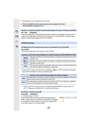Page 30811 . Personalización de la configuración de la cámara
308
Para los detalles sobre cómo seleccionar los ajustes de menú 
[Personalizar], consulte la P54 .
Ajustar o no ajustar el enfoque manualmente después de lograr el enfoque automático
[AF / MF] > [ON]/[OFF]
Cuando el bloqueo AF está activado (presione el  botón del obturador a la mitad con el 
modo de enfoque fijado en [AFS] o fije el bloqueo AF usando [AF/AE LOCK]), puede 
realizar manualmente ajustes finos en el enfoque.
Enfoque manual
Configuración...
