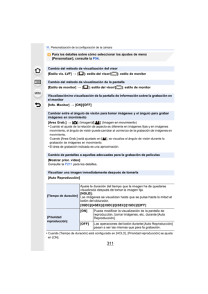Page 311311
11 . Personalización de la configuración de la cámara
Para los detalles sobre cómo seleccionar los ajustes de menú 
[Personalizar], consulte la P54 .
•
Cuando [Tiempo de duración] está configurado en  [HOLD], [Prioridad reproducción] se ajusta 
en [ON].
Cambio del método de visualización del visor
[Estilo vis. LVF]  > [ ]: estilo del visor/[ ]: estilo de monitor
Cambio del método de visualización de la pantalla
[Estilo de monitor]  > [ ]: estilo del visor/[ ]: estilo de monitor
Visualización/no...