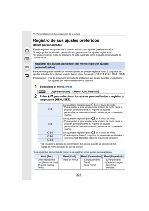 Page 321321
11 . Personalización de la configuración de la cámara
Registro de sus ajustes preferidos 
(Modo personalizado)
Puede registrar los ajustes de la cámara actual como ajustes predeterminados. 
Si luego graba en el modo personalizado,  puede usar los ajustes registrados.
•
El ajuste inicial del modo de programa AE es tá registrado como el ajuste personalizado de 
forma inicial.
Para permitir grabar usando los mismos ajustes, se pueden registrar hasta 5 conjuntos de 
ajustes actuales de la cámara usando...