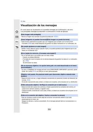 Page 36413. Otro
364
Visualización de los mensajes
En unos casos se visualizarán en la pantalla mensajes de confirmación o de error.
Los principales mensajes se describen a continuación a modo de ejemplo.
[Esta imagen está protegida]
•
Borre la imagen tras cancelar el ajuste de protección.  (P251)
[Unas imágenes no pueden borrarse]/[Esta imagen no puede borrarse]
•
Esta función solamente se puede usar con imágenes que cumplen con la norma DCF.
Formatee (P58) esta unidad después de guardar los datos necesarios en...