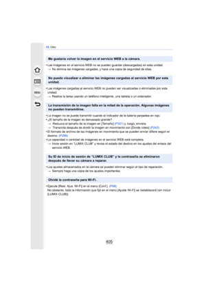Page 405405
13. Otro
•Las imágenes en el servicio WEB no se pueden guardar (descargadas) en esta unidad. 
> No elimina las imágenes cargadas, y hace una copia de seguridad de ellas.
•Las imágenes cargadas al servicio WEB no pueden ser visualizadas o eliminadas por esta 
unidad.
>Realice la tarea usando un teléfono inteligente, una tableta o un ordenador.
•La imagen no se puede transmitir cuando el indicador de la batería parpadea en rojo.
•¿El tamaño de la imagen es demasiado grande?
> Reduzca el tamaño de la...